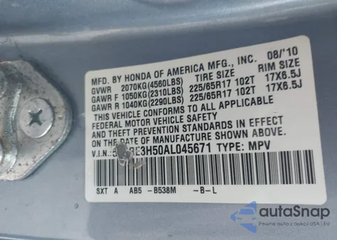 2010 Honda Cr-V Ex from USA, damaged, VIN 5J6RE3H50AL045671